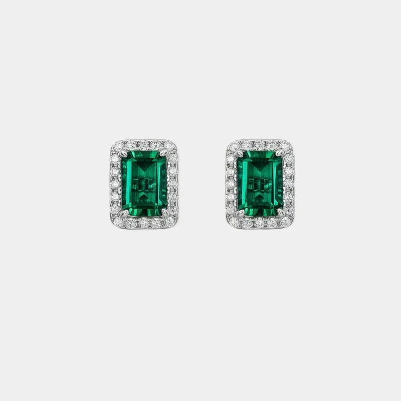 Rectangular Emerald Halo Stud Earrings paired product view on a white background