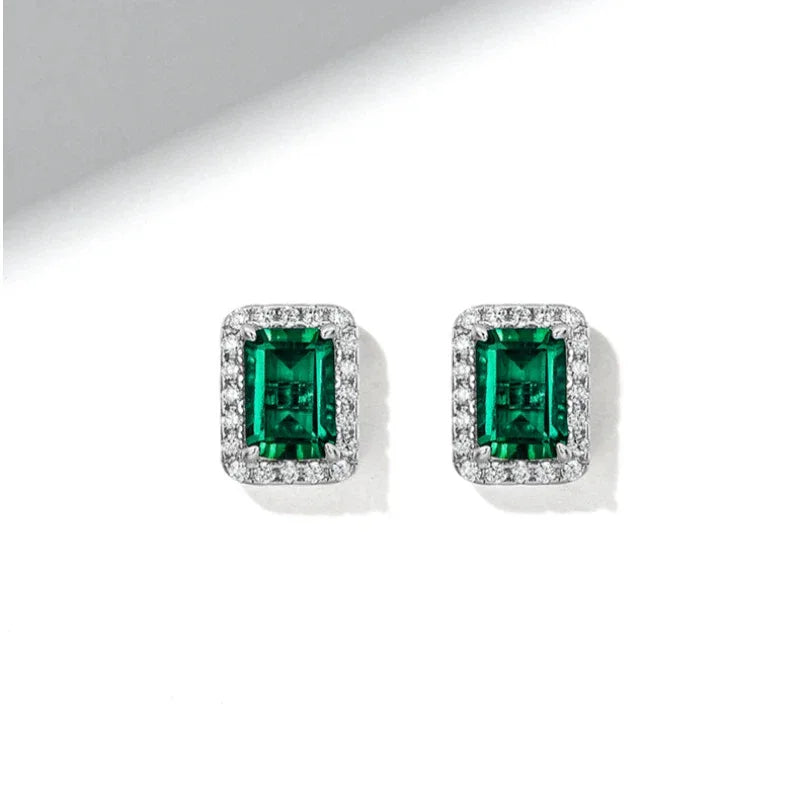 Rectangular Emerald Halo Stud Earrings rear view showing earring backs