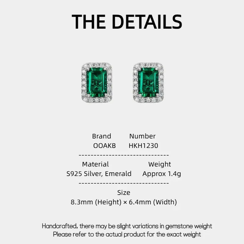 Rectangular Emerald Halo Stud Earrings specification card with product measurements