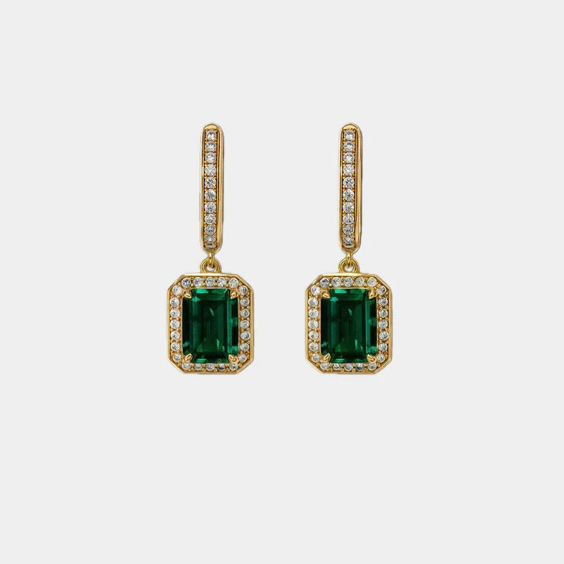 Rectangular Emerald Long Drop Earrings paired product view on a white background