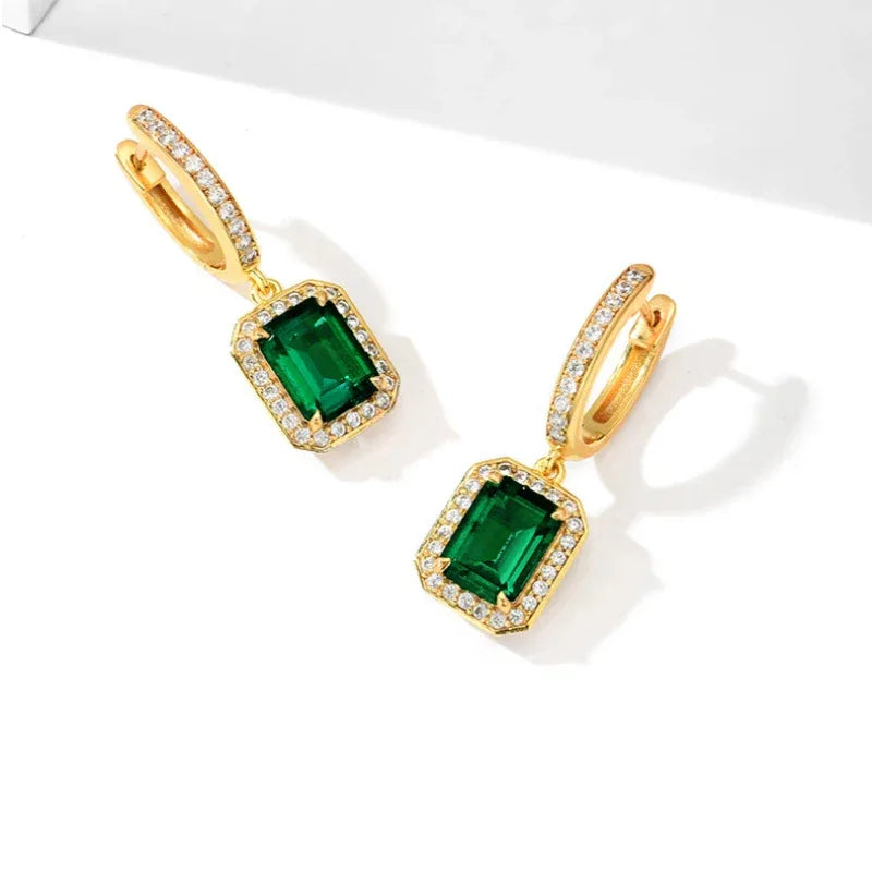 Rectangular Emerald Long Drop Earrings side view showing posts and settings