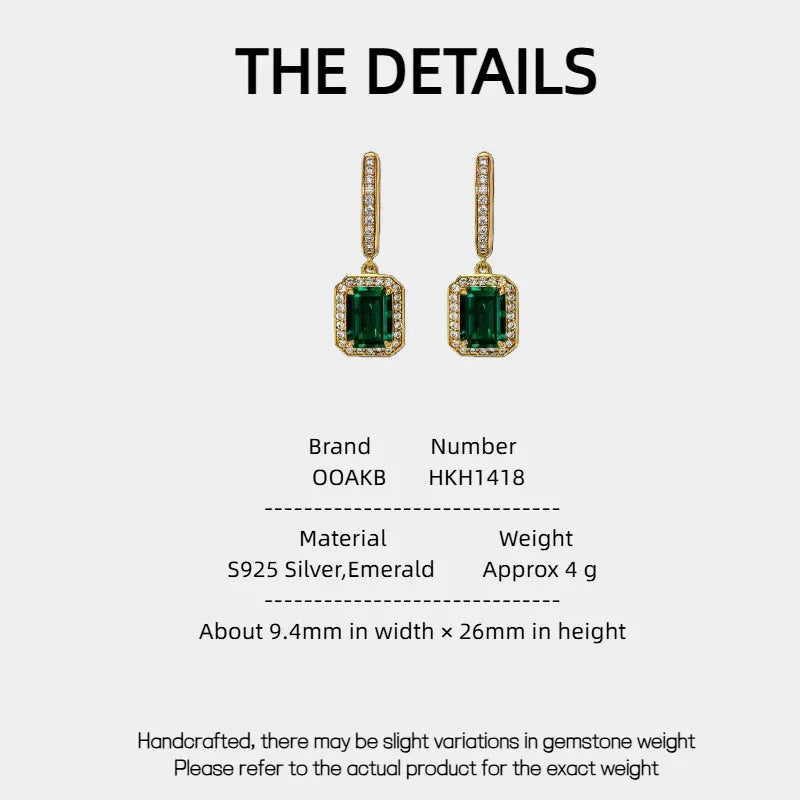 Rectangular Emerald Long Drop Earrings specification card with product measurements
