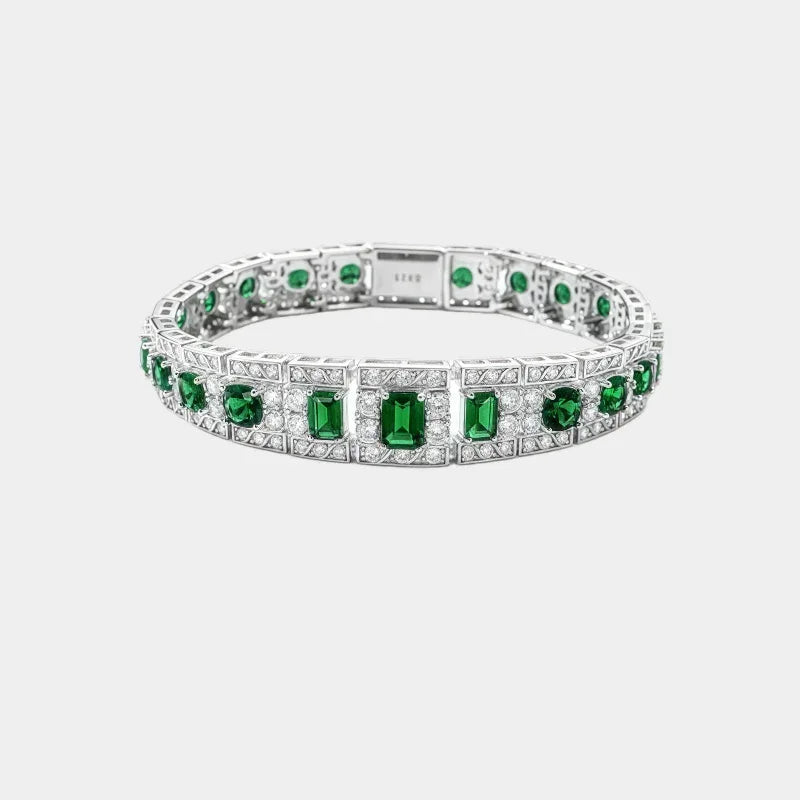 Rectangular Emerald Tennis Bracelet full bracelet view on a white background