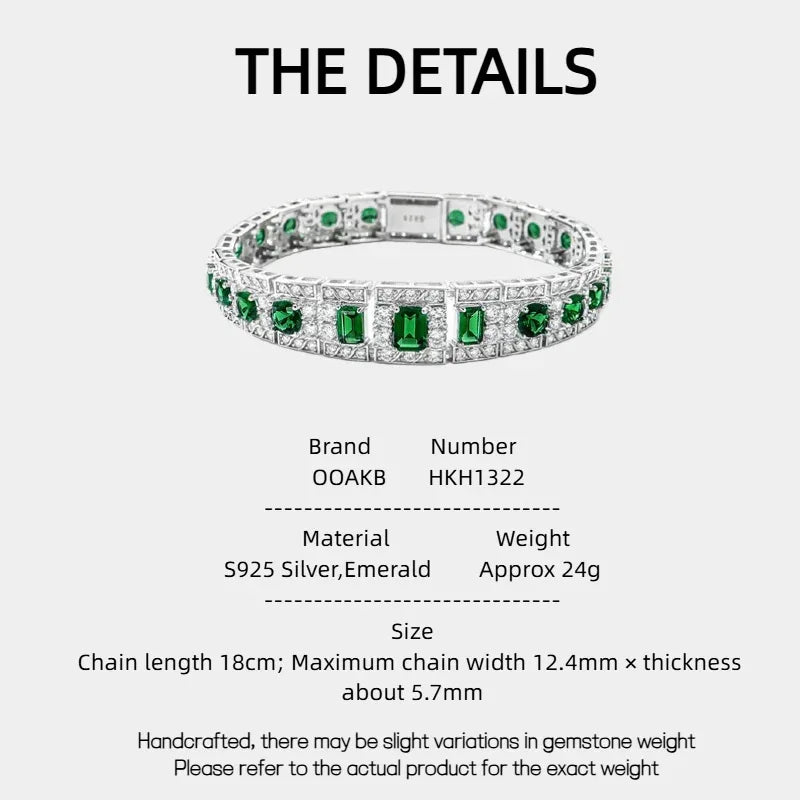 Rectangular Emerald Tennis Bracelet specification card with product measurements