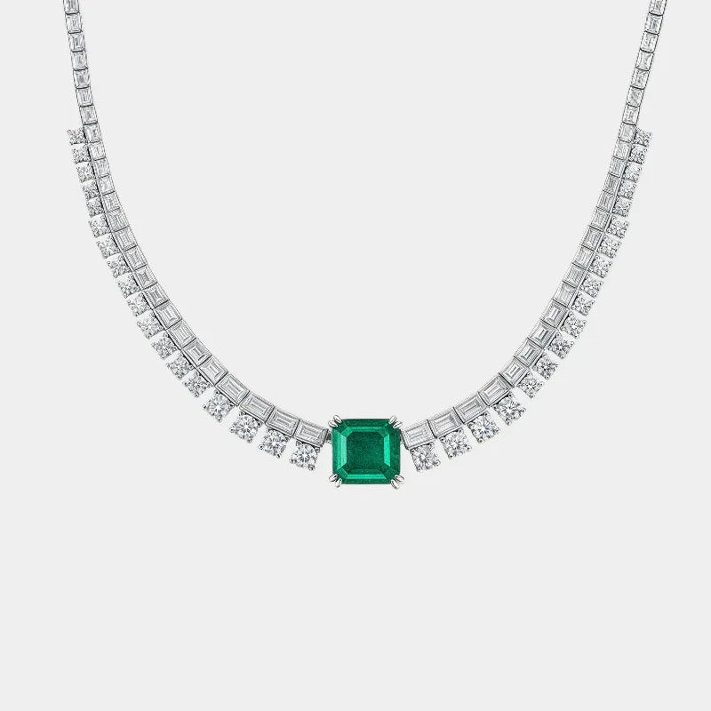 Rectangular Emerald Tennis Necklace full necklace view on a white background