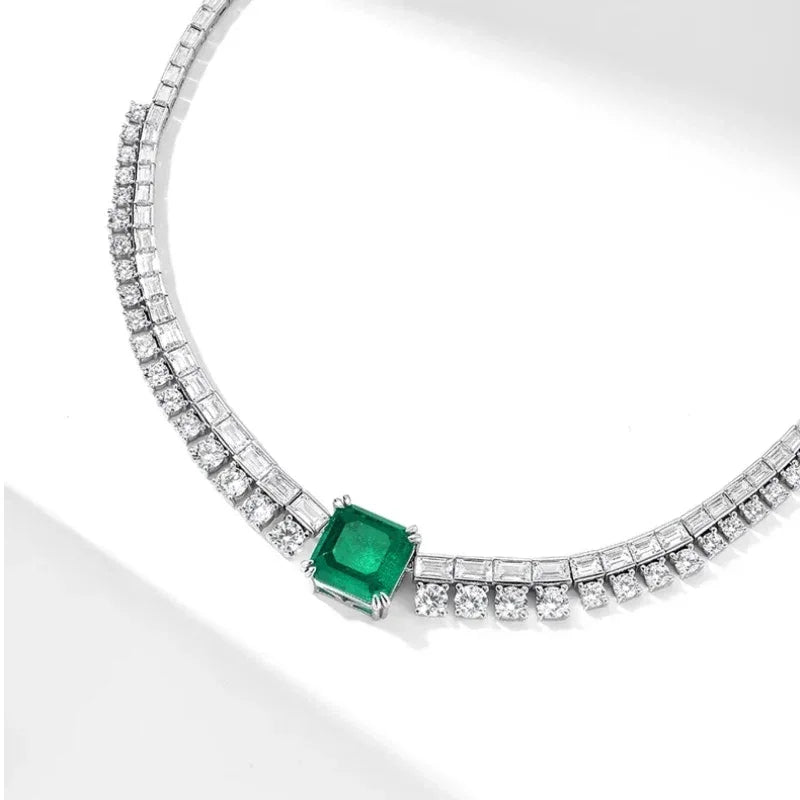 Rectangular Emerald Tennis Necklace pendant and chain detail on white