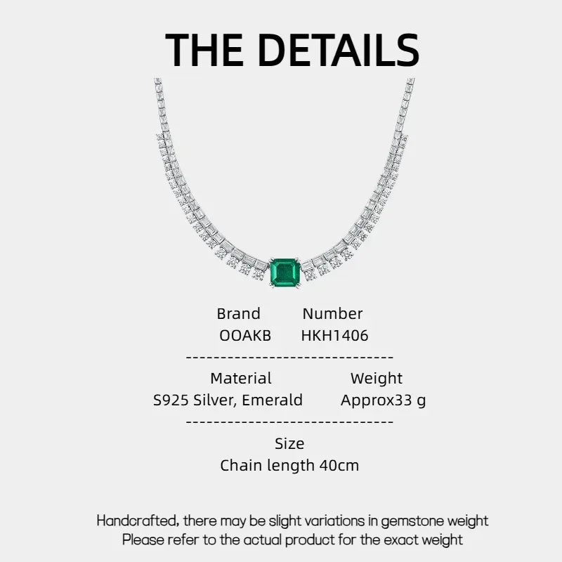 Rectangular Emerald Tennis Necklace specification card with product measurements