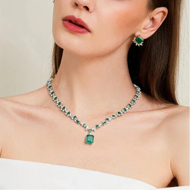 Rectangular Emerald Tennis Necklace worn at the neckline from a second angle