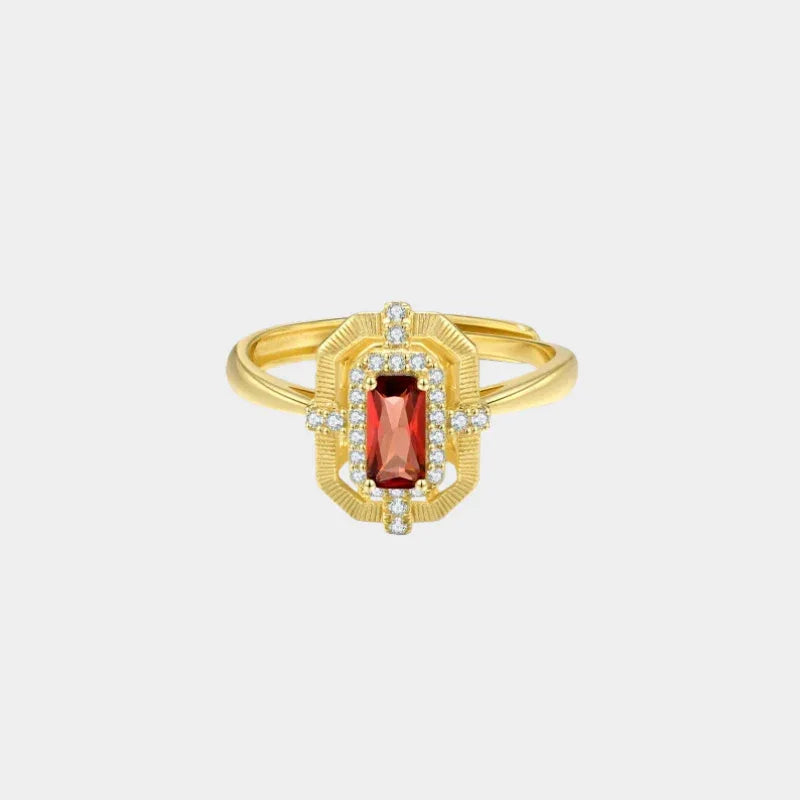 Rectangular Garnet Geometric Adjustable Ring front product view on a light background