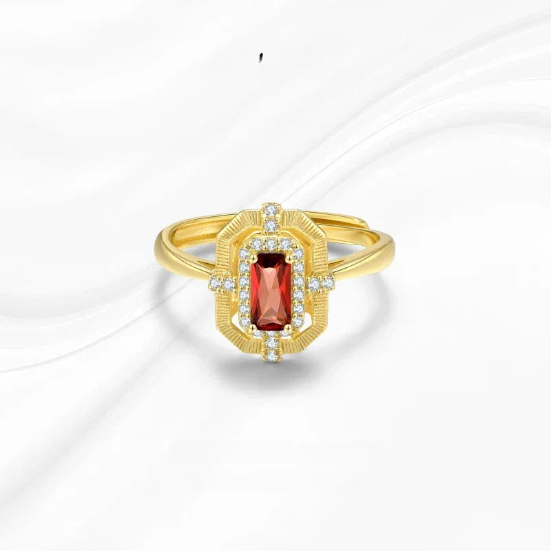 Rectangular Garnet Geometric Adjustable Ring rear and band detail view