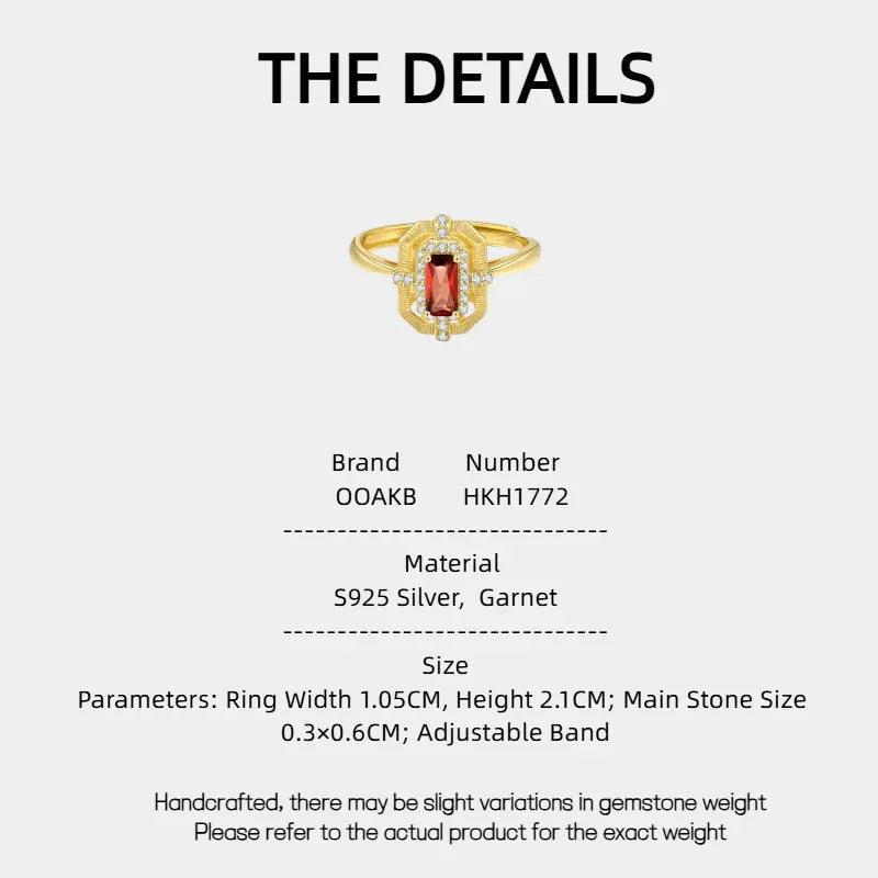 Rectangular Garnet Geometric Adjustable Ring specification card with measurements and material details