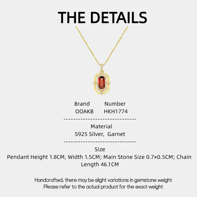 Rectangular Garnet Openwork Pendant Necklace specification card with measurements and material details