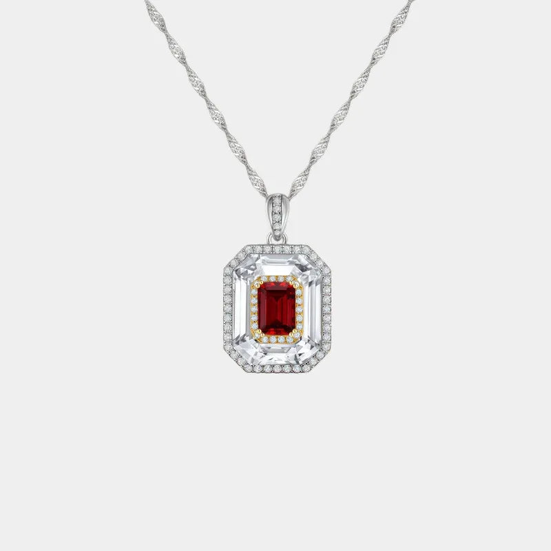 Rectangular Garnet Shield Pendant Necklace full necklace view on a light background