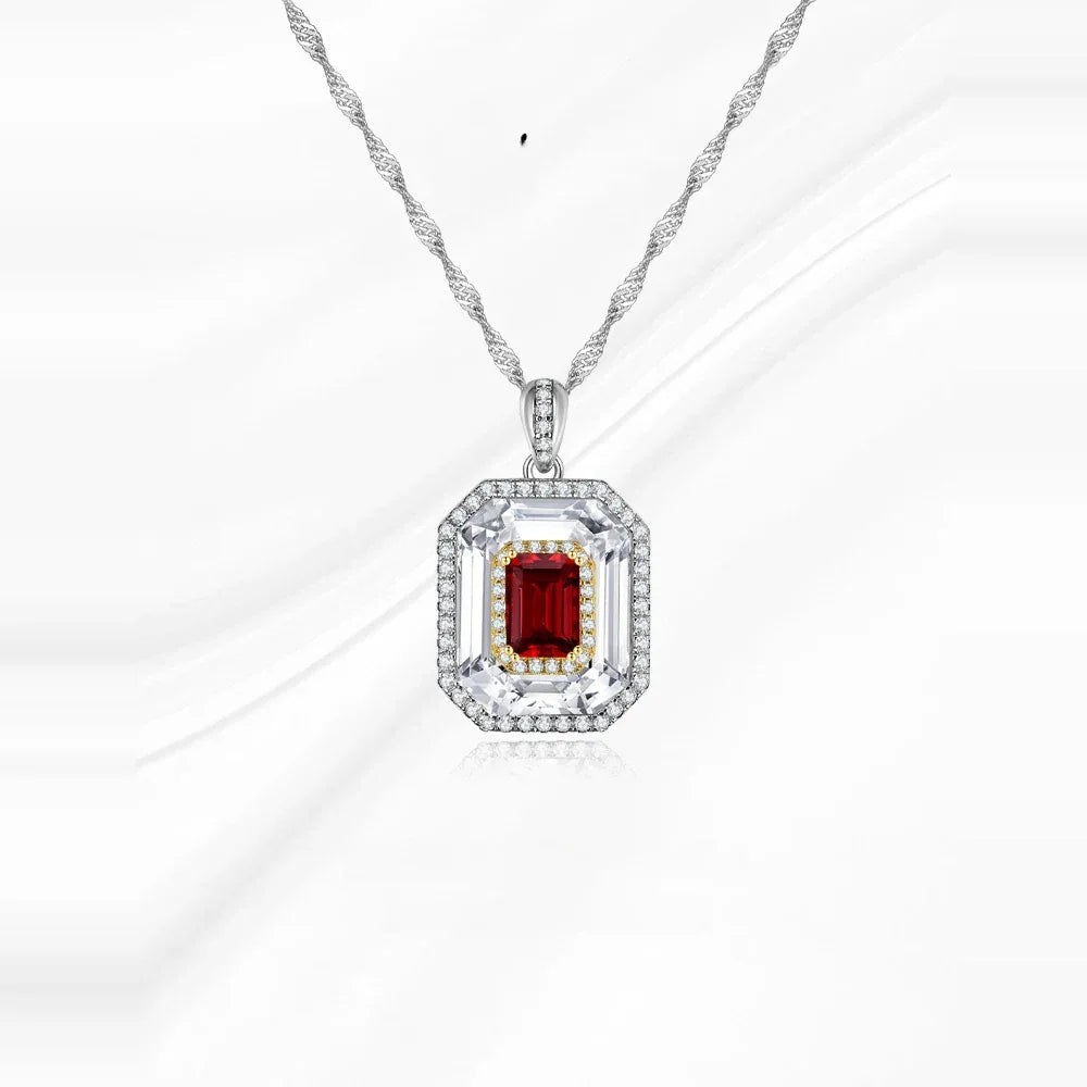 Rectangular Garnet Shield Pendant Necklace side or angled pendant detail