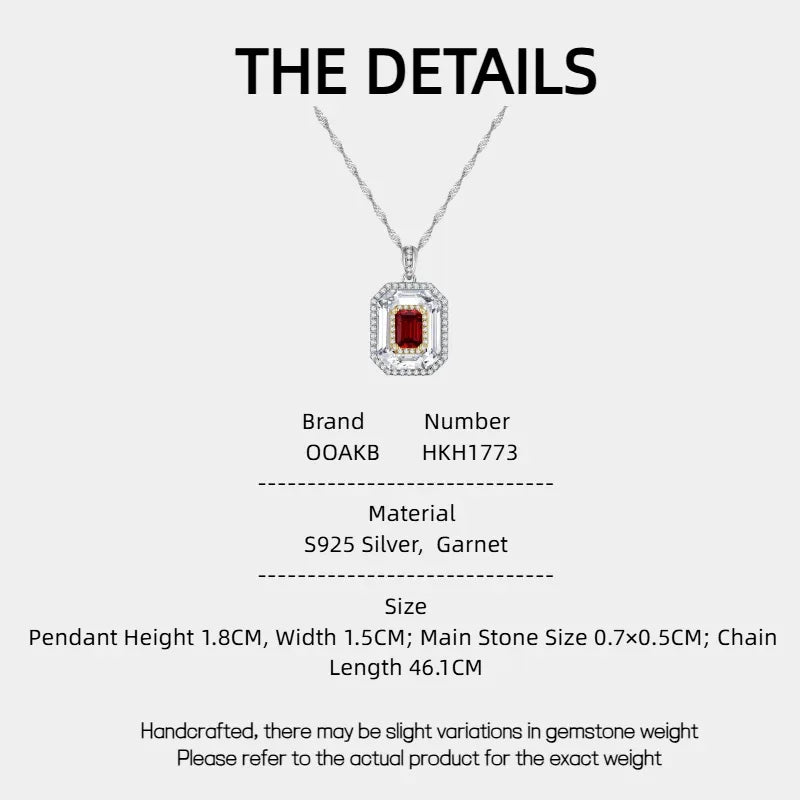 Rectangular Garnet Shield Pendant Necklace specification card with measurements and material details