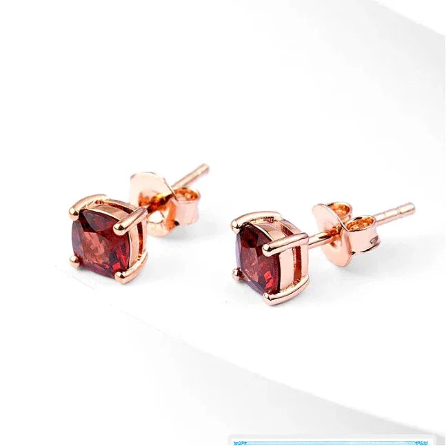 Rectangular Garnet Stud Earrings rear and band detail view