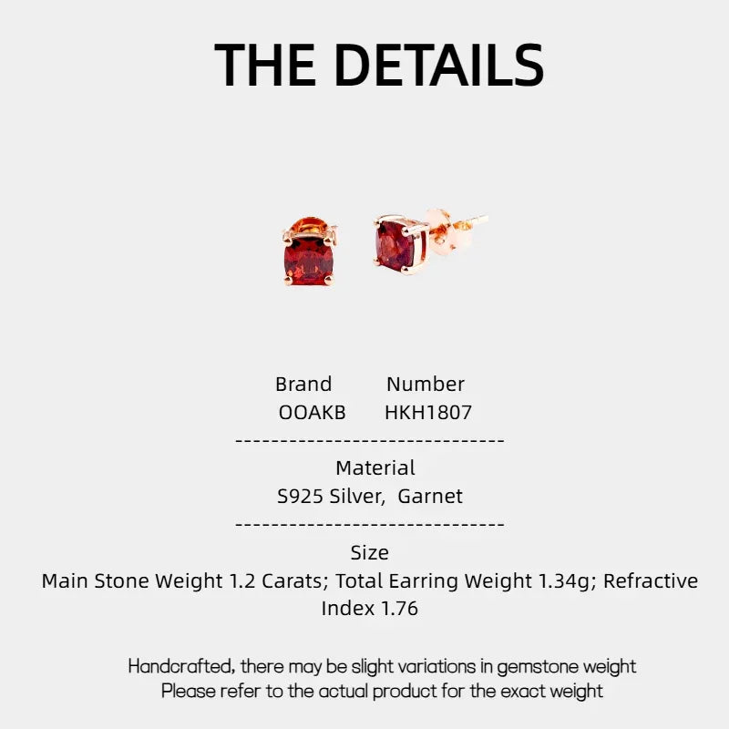 Rectangular Garnet Stud Earrings specification card with measurements and material details
