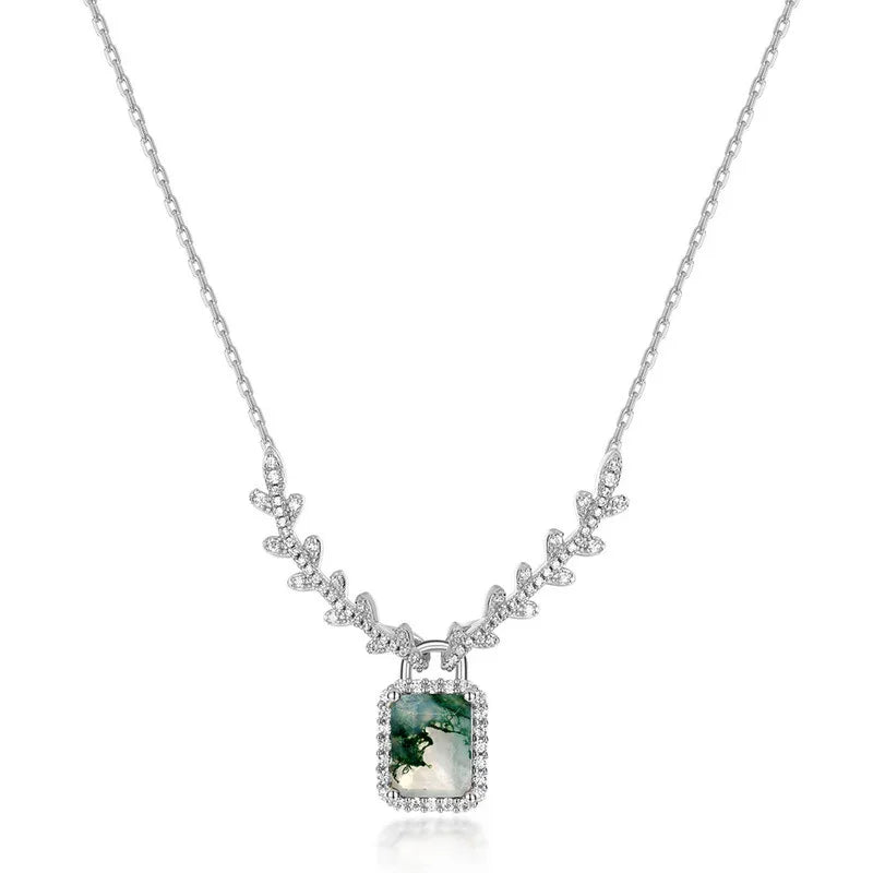 Rectangular Halo Moss Agate Necklace — alternate neckline view 7