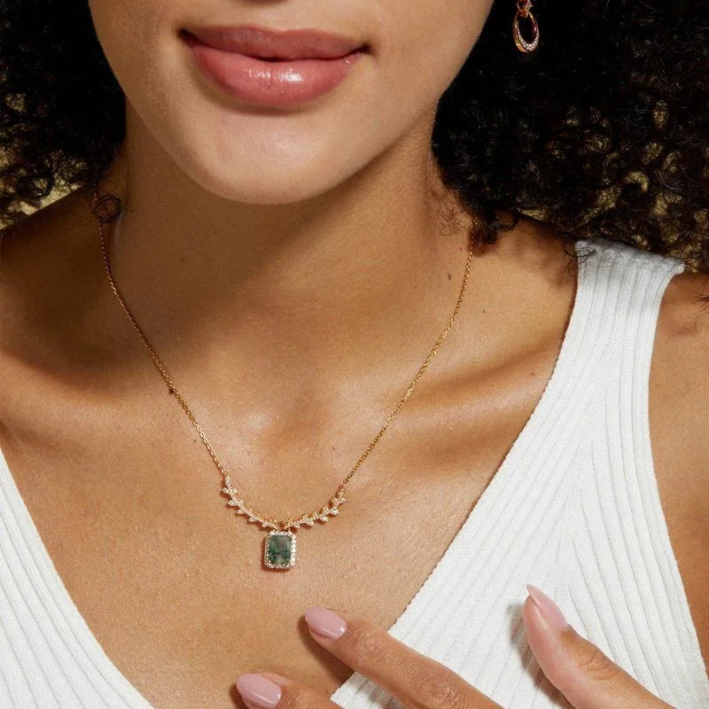 Rectangular Halo Moss Agate Necklace — angled pendant and chain detail 4