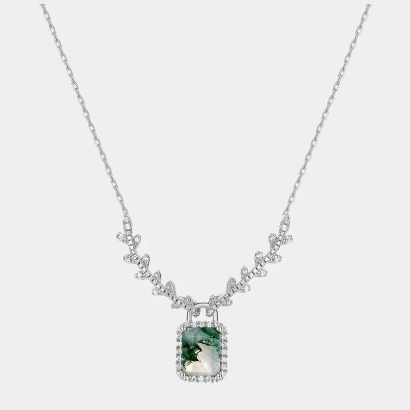 Rectangular Halo Moss Agate Necklace — full necklace view on a light background