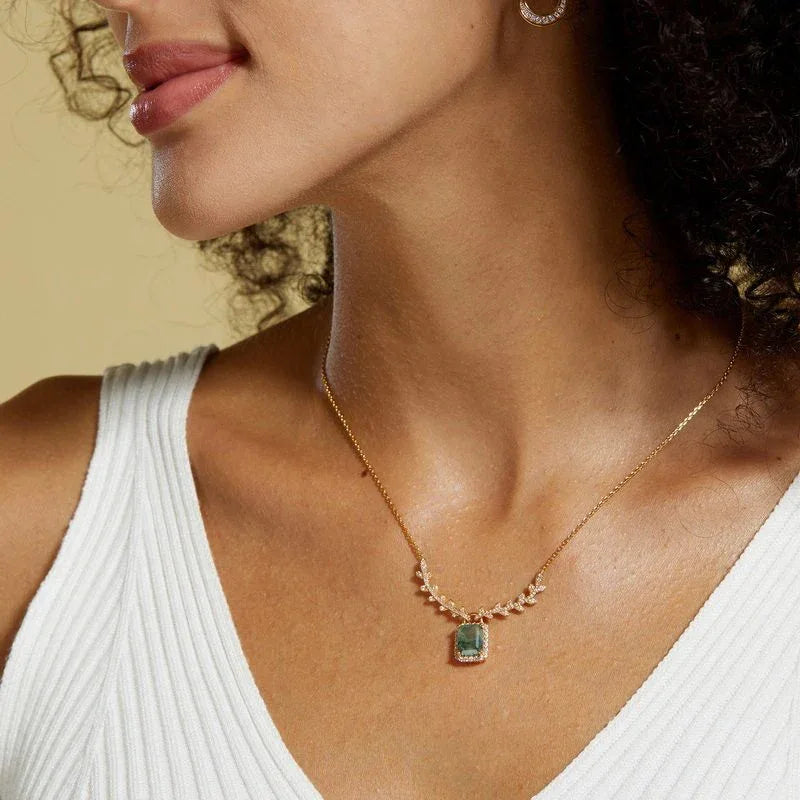 Rectangular Halo Moss Agate Necklace — neckline scale view 2