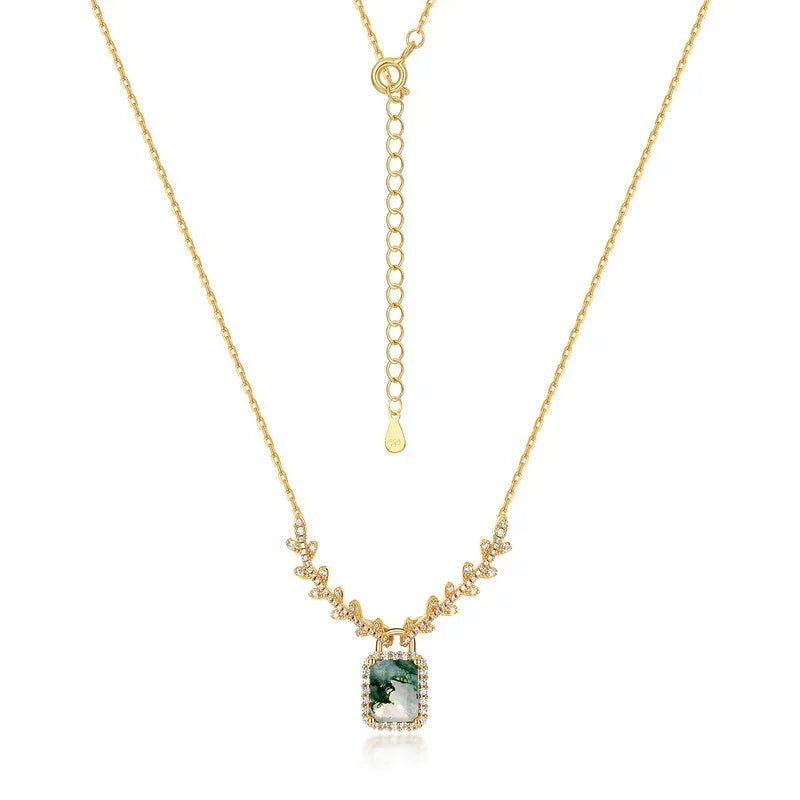 Rectangular Halo Moss Agate Necklace — setting detail 6