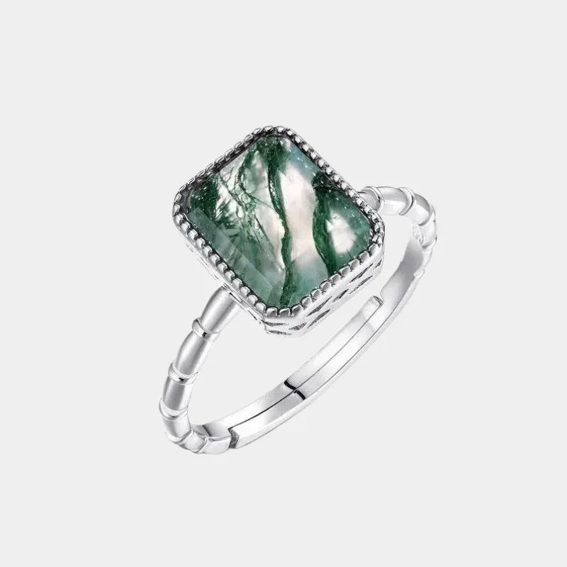 Rectangular Moss Agate Open Ring — front product view on a light background