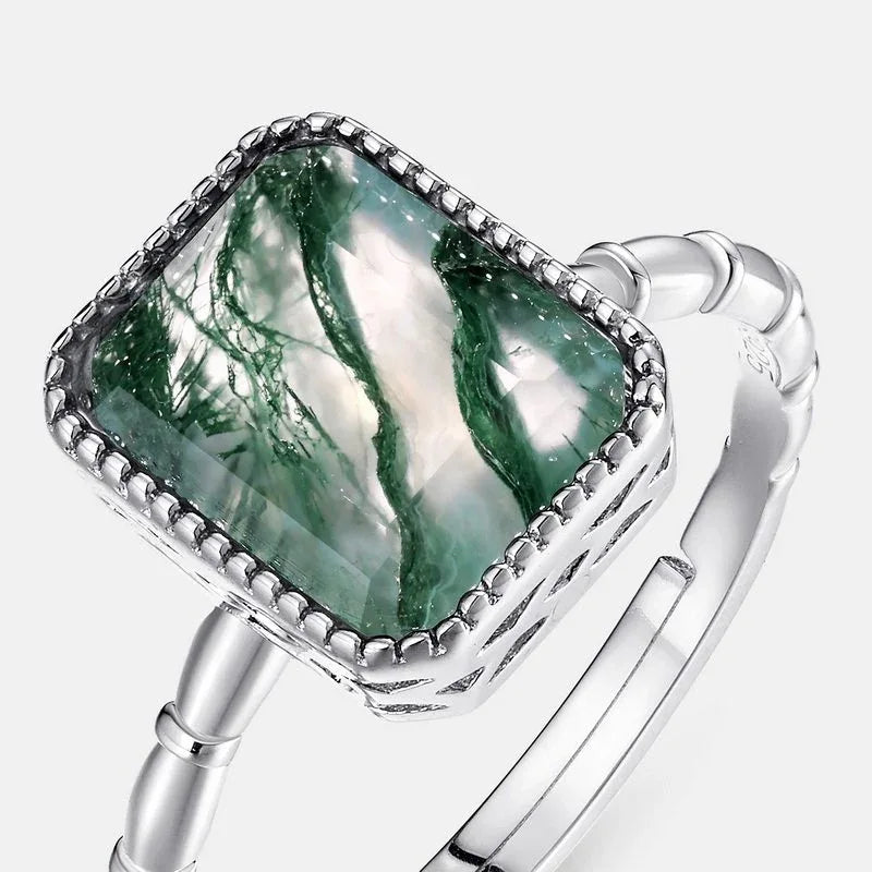 Rectangular Moss Agate Open Ring — front setting detail 3