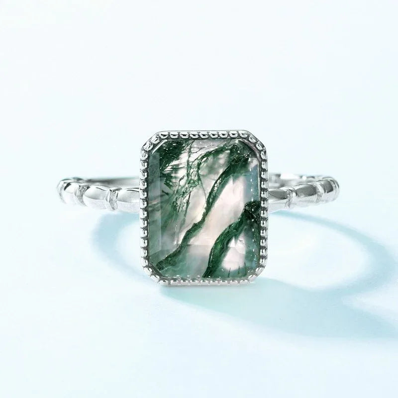 Rectangular Moss Agate Open Ring — hand-worn scale view 2