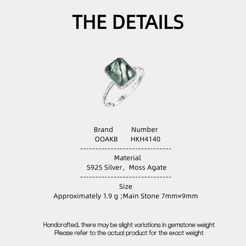 Rectangular Moss Agate Open Ring — Moss Agate specification card with material and measurements