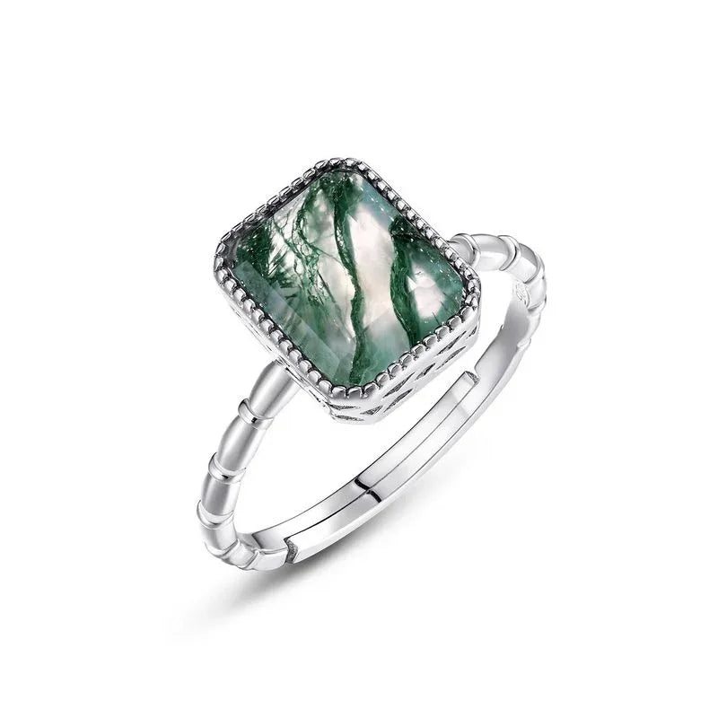 Rectangular Moss Agate Open Ring — side profile and band detail 4