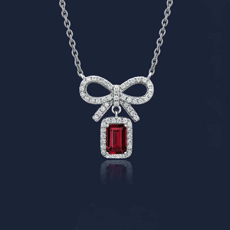 Rectangular Ruby Bow Pendant Necklace — full necklace view