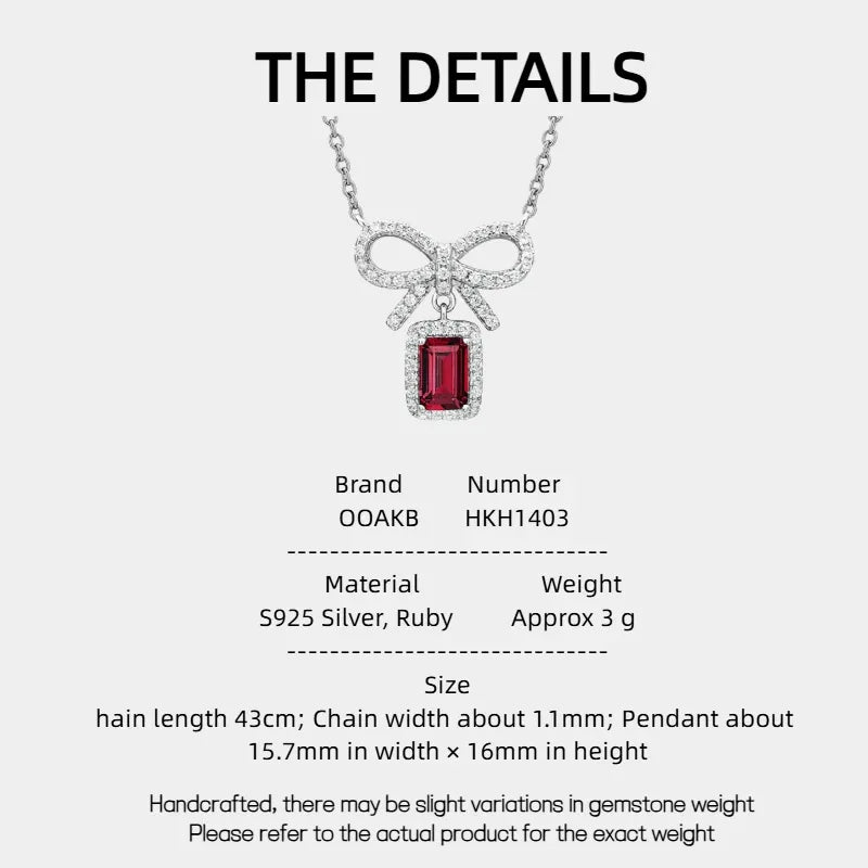 Rectangular Ruby Bow Pendant Necklace — specification card with material and size details