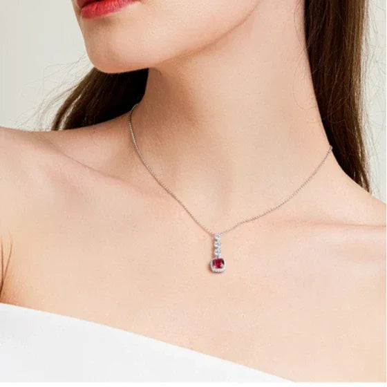 Rectangular Ruby Drop Pendant Necklace — alternate necklace view
