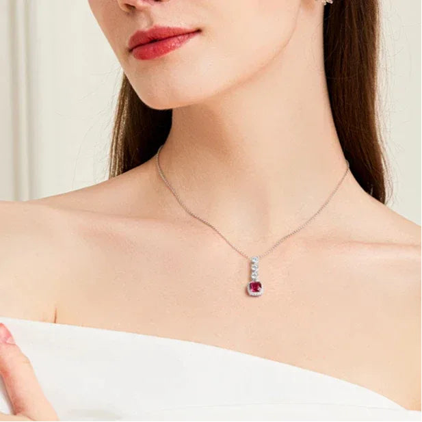Rectangular Ruby Drop Pendant Necklace — full necklace view