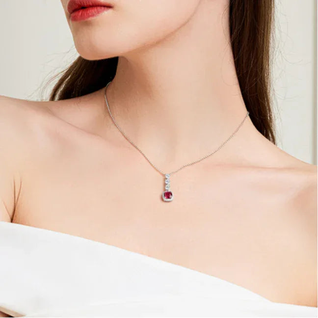 Rectangular Ruby Drop Pendant Necklace — necklace worn at neckline
