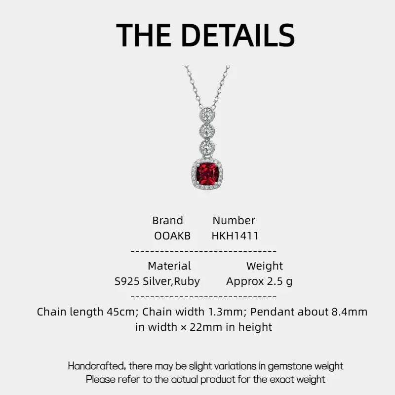 Rectangular Ruby Drop Pendant Necklace — specification card with material and size details