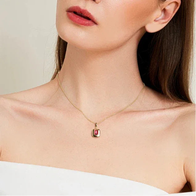 Rectangular Ruby Gold-Tone Pendant Necklace — alternate necklace view