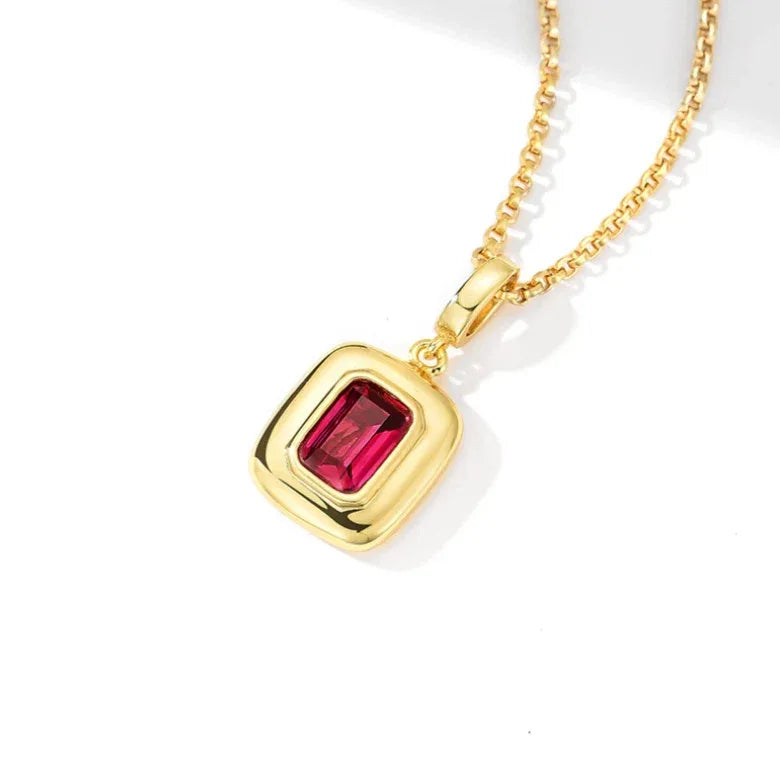 Rectangular Ruby Gold-Tone Pendant Necklace — clasp and chain detail