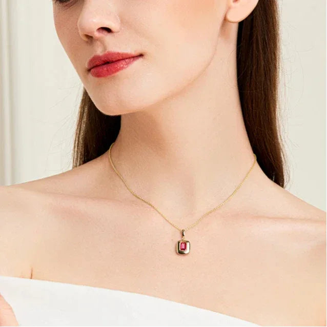 Rectangular Ruby Gold-Tone Pendant Necklace — full necklace view