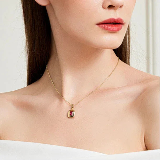 Rectangular Ruby Gold-Tone Pendant Necklace — necklace worn at neckline