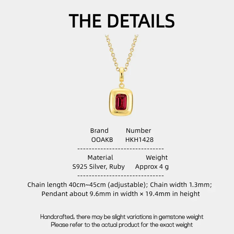 Rectangular Ruby Gold-Tone Pendant Necklace — specification card with material and size details