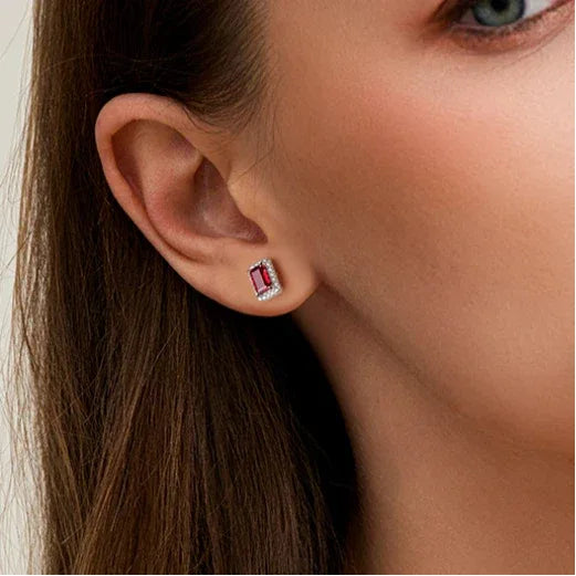 Rectangular Ruby Halo Stud Earrings — alternate earrings view