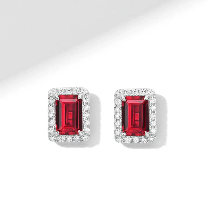 Rectangular Ruby Halo Stud Earrings — earrings worn on ear 7