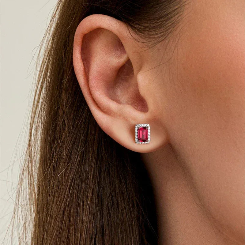 Rectangular Ruby Halo Stud Earrings — paired earrings view