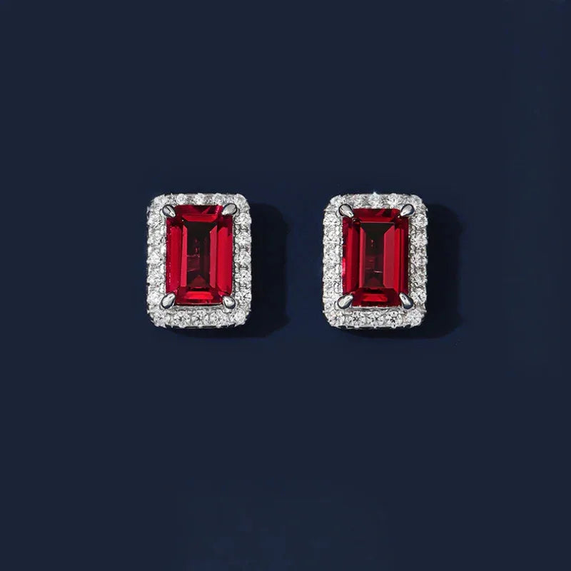 Rectangular Ruby Halo Stud Earrings — side and post detail