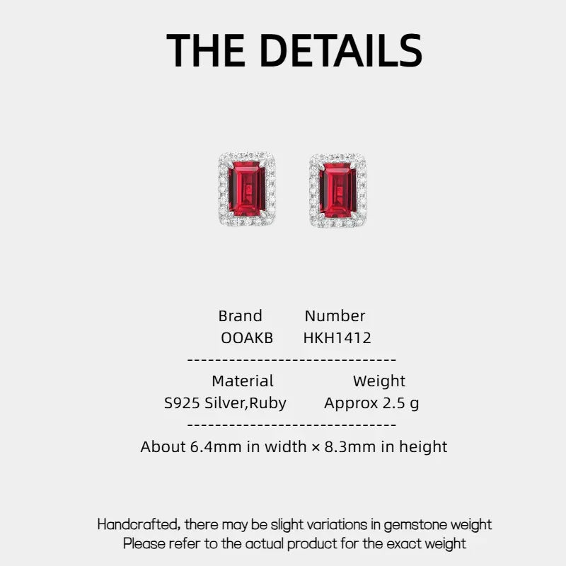 Rectangular Ruby Halo Stud Earrings — specification card with material and size details