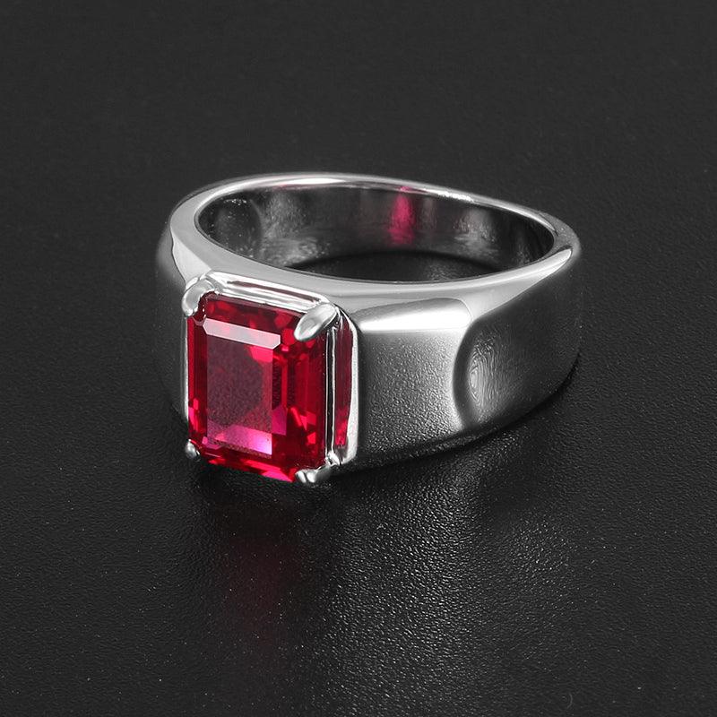 Rectangular Ruby Minimal Men's Ring — close-up of ruby setting