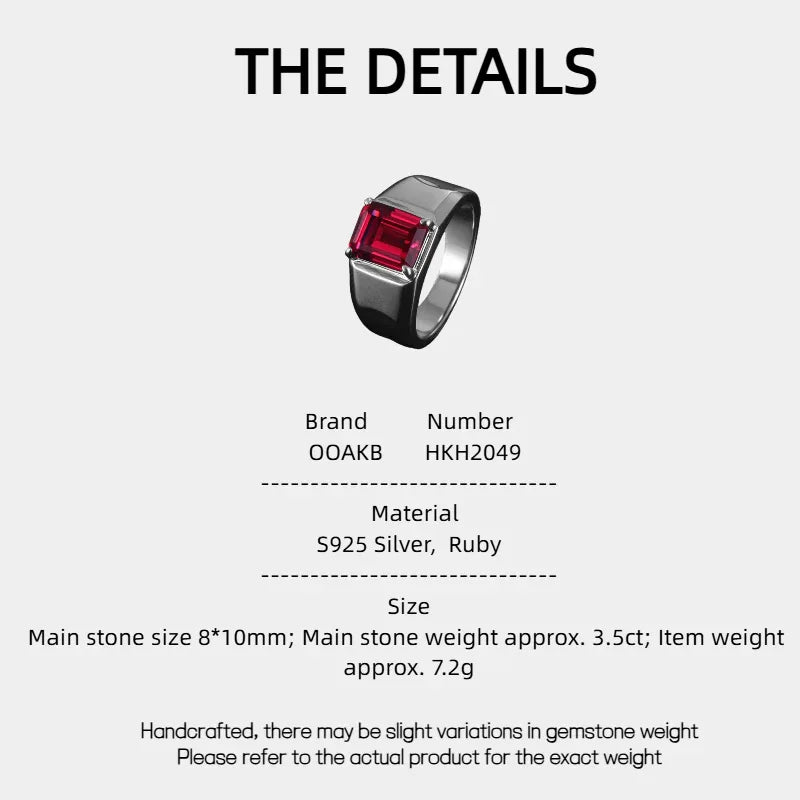 Rectangular Ruby Minimal Men's Ring — specification card with material and size details