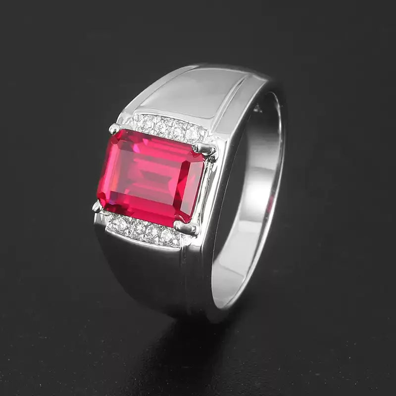 Rectangular Ruby Minimal Men's Ring with Stepped Shoulders — angled ring view